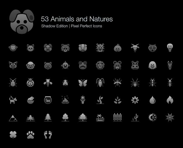 Animales y naturalezas Pixel Perfect Icons Shadow Edition. vector