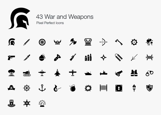 43 iconos perfectos de píxeles de guerra y armas. vector