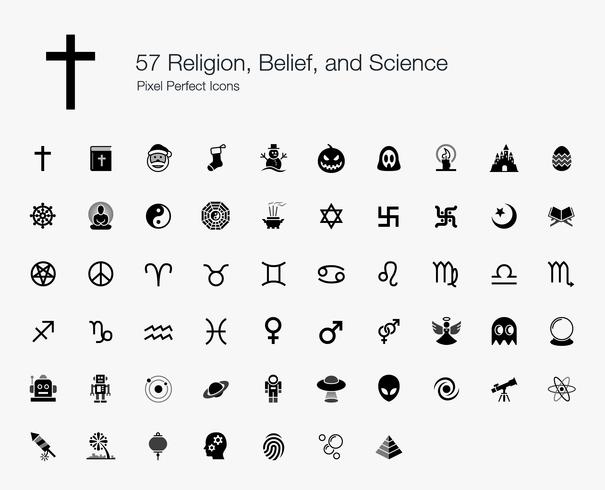 57 Iconos perfectos de píxeles de religión, creencias y ciencia. vector