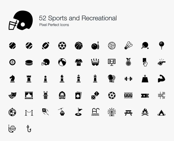 52 iconos perfectos de píxeles recreativos y deportivos. vector