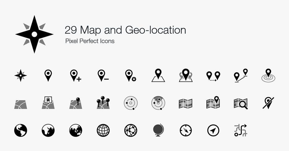 29 Mapa y Geo-ubicación Pixel Perfect Icons. vector