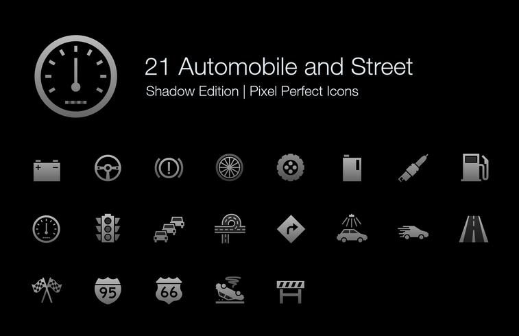 Automóvil y Calle Pixel Perfect Icons Shadow Edition. vector