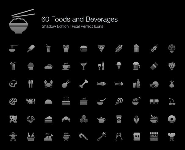 Foods and Beverages Pixel Perfect Icons Shadow Edition.  vector