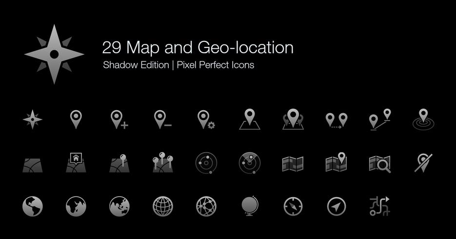 Map and Geo-location Pixel Perfect Icons Shadow Edition.  vector