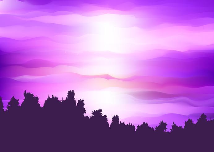 Silhouette of a tree landscape against an abstract purple sunset sky vector