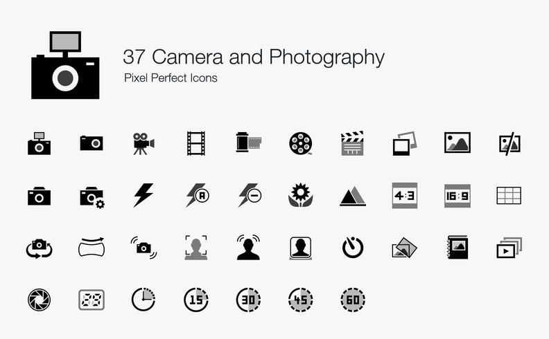 37 Cámara y Fotografía Pixel Perfect Icons. vector
