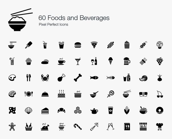 60 Alimentos y Bebidas Pixel Perfect Icons. vector