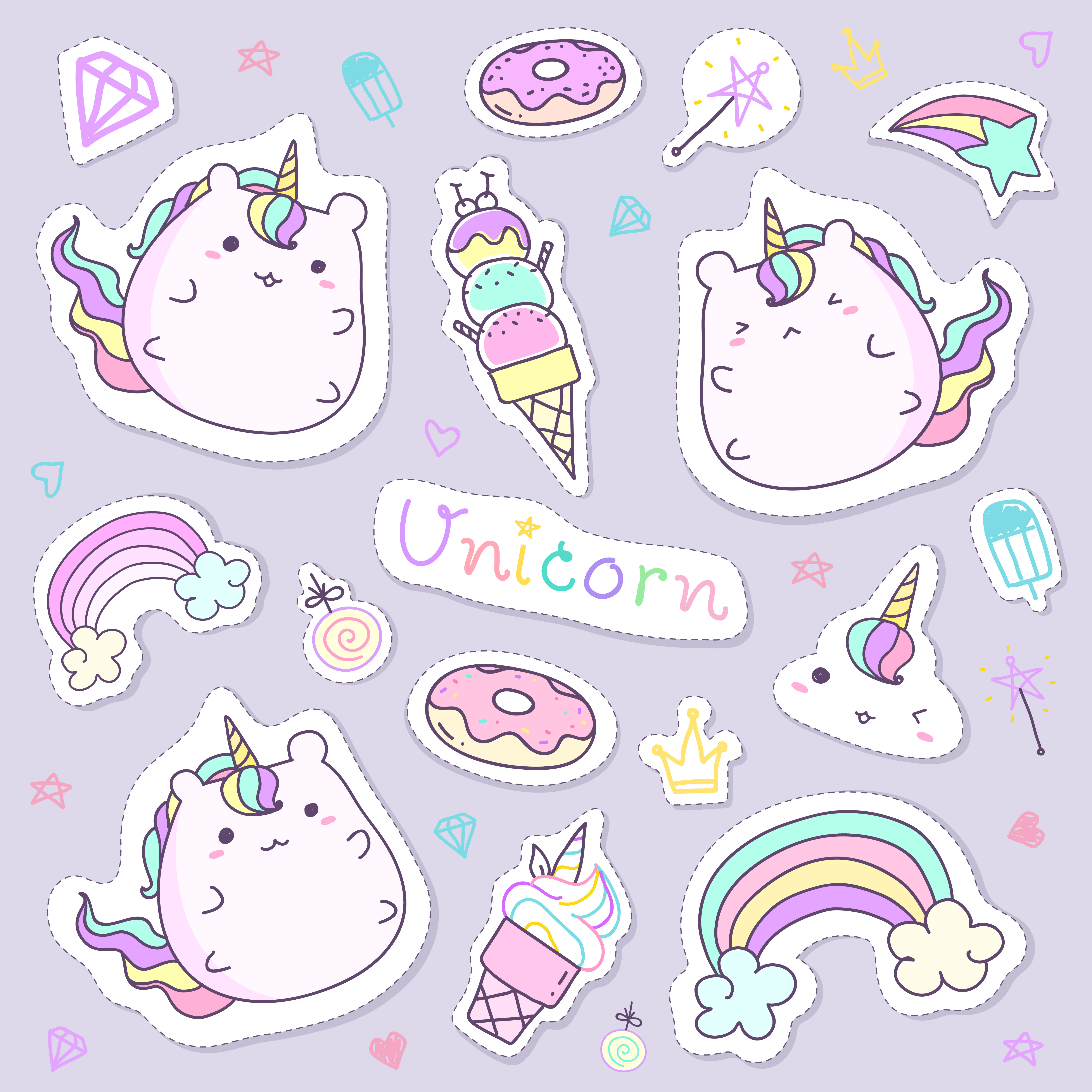 Kawaii unicorn sticker collection in pastel color. Cute doodle clip art