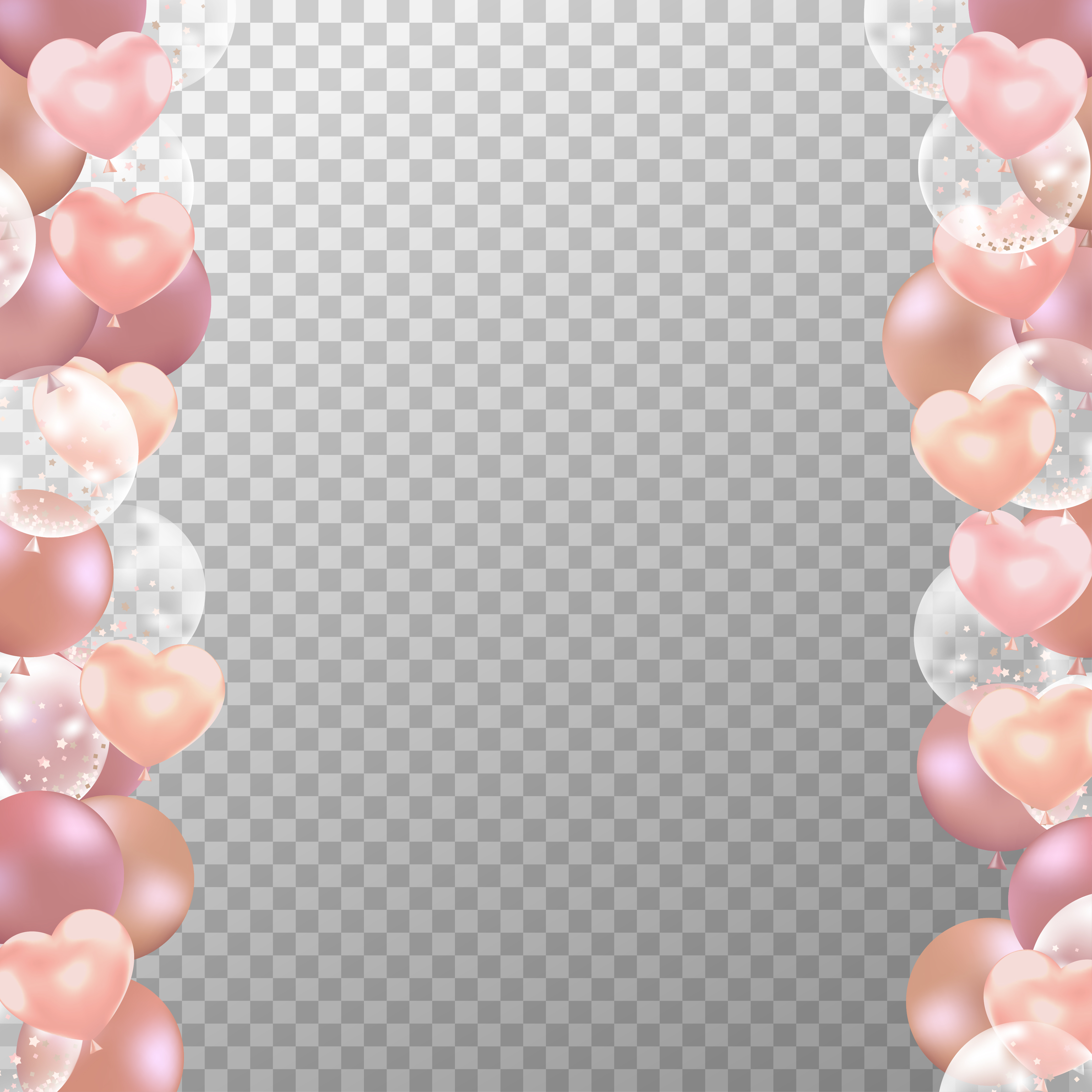 Realistic Rose gold balloons frame with transparent background. Party