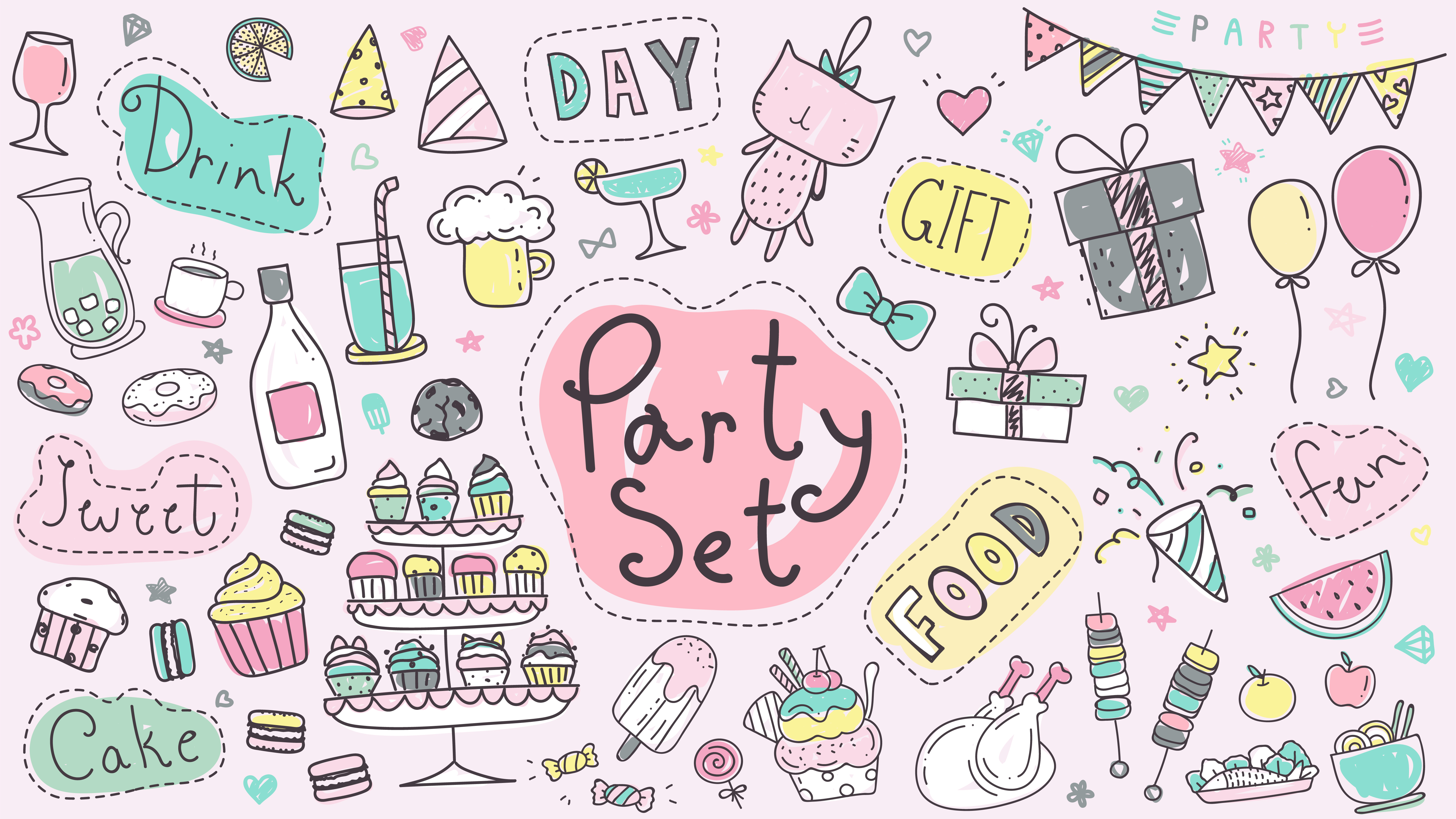 Cute party  hand drawn doodle collection in pastel color 