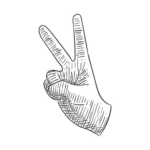 Hand peace sign with two finger up hand drawing doodle hatching vintage illustration icon symbol vector