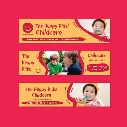 kindergarten childcare banner flyer design template in doodle fun cartoon kids style vector