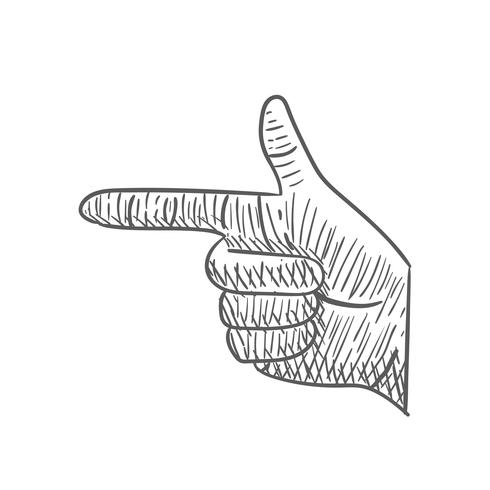 Mano que señala el signo como pistola mano dibujo doodle eclosión boceto ilustración vintage icono símbolo vector