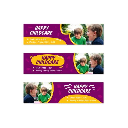 Puple cheerful joyful happy kids daycare childcare banner set in doodle fun style vector