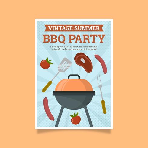 Cartel retro plano del partido del Bbq vector