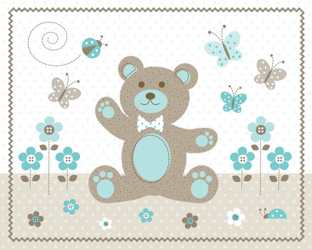 lindo aqua baby bear flores y mariposas gráfico con fondo de lunares vector