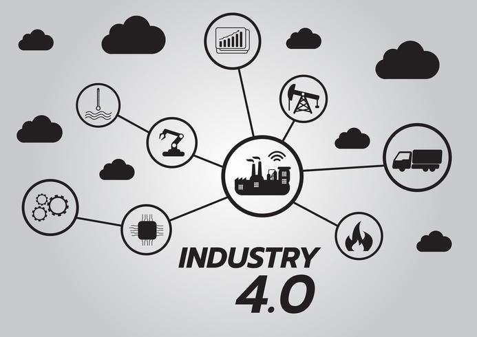 Icono del concepto de la industria 4.0, red de Internet de las cosas, solución de fábrica inteligente, tecnología de fabricación, robot de automatización con fondo gris vector