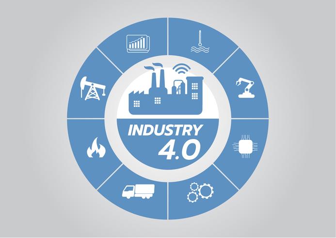 Icono del concepto de la industria 4.0, red de Internet de las cosas, solución de fábrica inteligente, tecnología de fabricación, robot de automatización con fondo gris vector