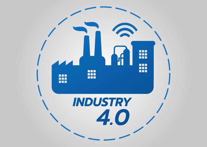 Concepto industrial 4.0, Smart Factory Vector Icon. Ilustración de la planta wifi. Internet de las cosas (IoT) Tecnología industrial.