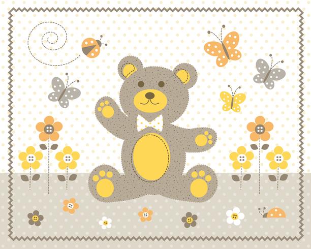 cute baby bear with yellow flowers and butterflies graphic placment with polka dot background vector
