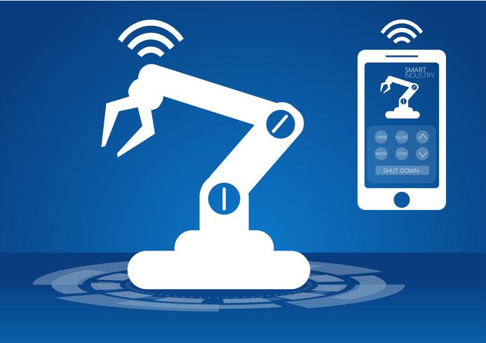 Icon of industry 4.0 concept, Internet of things network, smart factory solution, Manufacturing technology, automation robot with gray background  vector