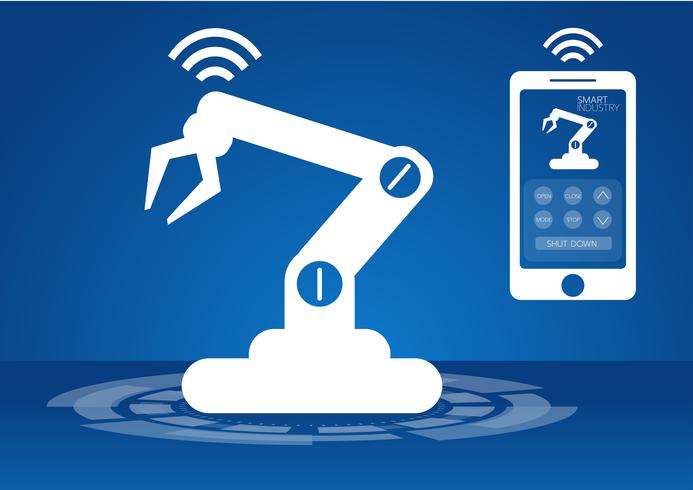 Icono del concepto de la industria 4.0, red de Internet de las cosas, solución de fábrica inteligente, tecnología de fabricación, robot de automatización con fondo gris vector