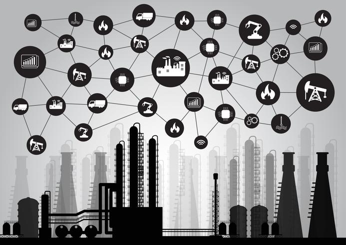 Concepto de industria 4.0, red de Internet de las cosas, solución de fábrica inteligente, tecnología de fabricación, robot de automatización vector