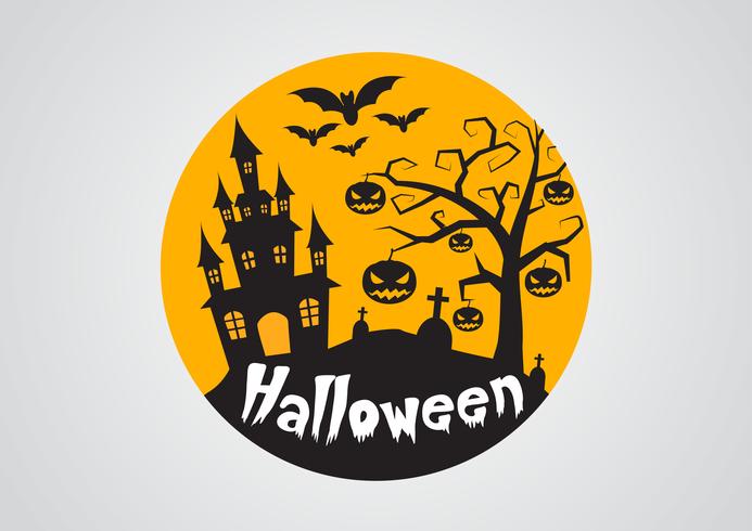 Calabazas de Halloween y castillo oscuro en el fondo, ejemplo del diseño de mensaje del feliz Halloween. vector