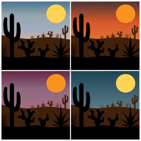 desert cactus silhouette with gradient sunset backgrounds vector