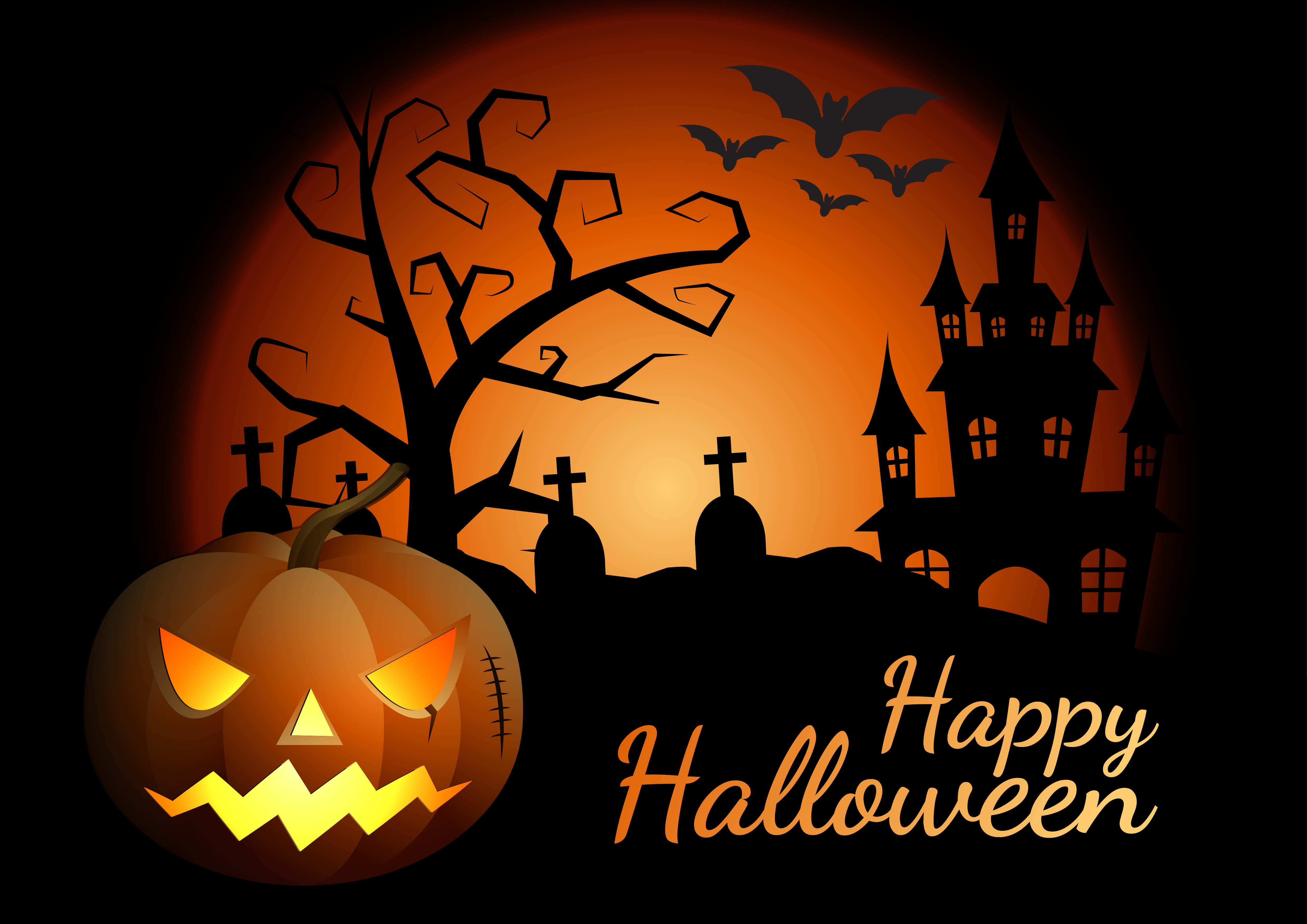 HalloweenKürbise und dunkles Schloss auf Hintergrund, glückliche