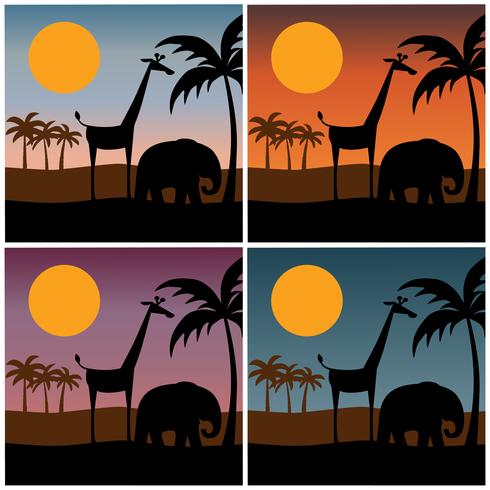 jungle scene silhouette with gradient sunset backgrounds  vector