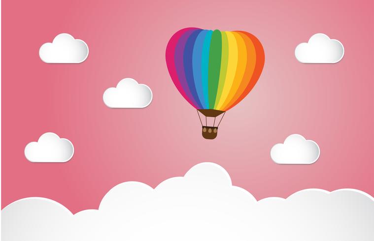 Origami made colorful hot air balloon and cloud on pink background. art style. vector