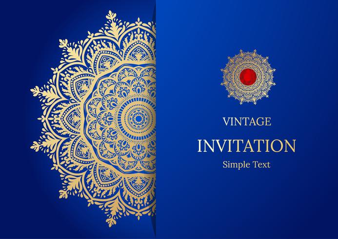 Elegante guardar el diseño de la tarjeta de fecha. Plantilla de tarjeta de invitación floral vintage. Remolino de lujo mandala saludo oro y azul tarjeta vector