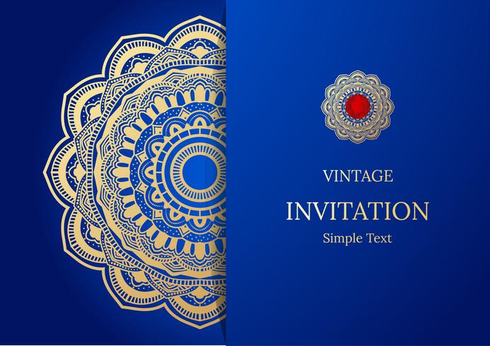 Elegante guardar el diseño de la tarjeta de fecha. Plantilla de tarjeta de invitación floral vintage. Remolino de lujo mandala saludo oro y azul tarjeta vector