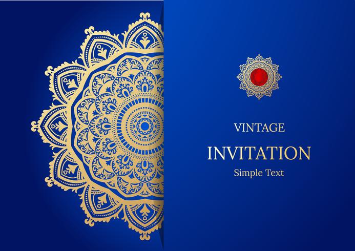 Elegante guardar el diseño de la tarjeta de fecha. Plantilla de tarjeta de invitación floral vintage. Remolino de lujo mandala saludo oro y azul tarjeta vector