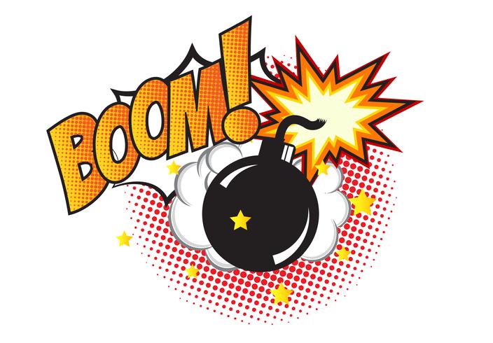 Bomb in pop art style and comic speech bubble with text - BOOM Cartoon dynamite at background with dots halftone and sunburst. vector