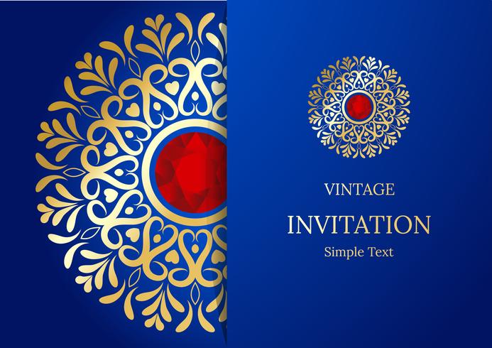 Elegante guardar el diseño de la tarjeta de fecha. Plantilla de tarjeta de invitación floral vintage. Remolino de lujo mandala saludo oro y azul tarjeta vector