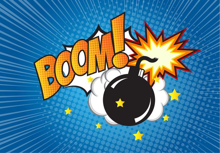 Bomb in pop art style and comic speech bubble with text - BOOM Cartoon dynamite at background with dots halftone and sunburst. vector