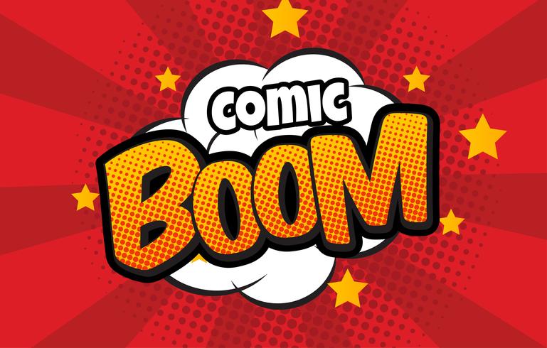 Bomb in pop art style and comic speech bubble with text - BOOM Cartoon dynamite at background with dots halftone and sunburst. vector