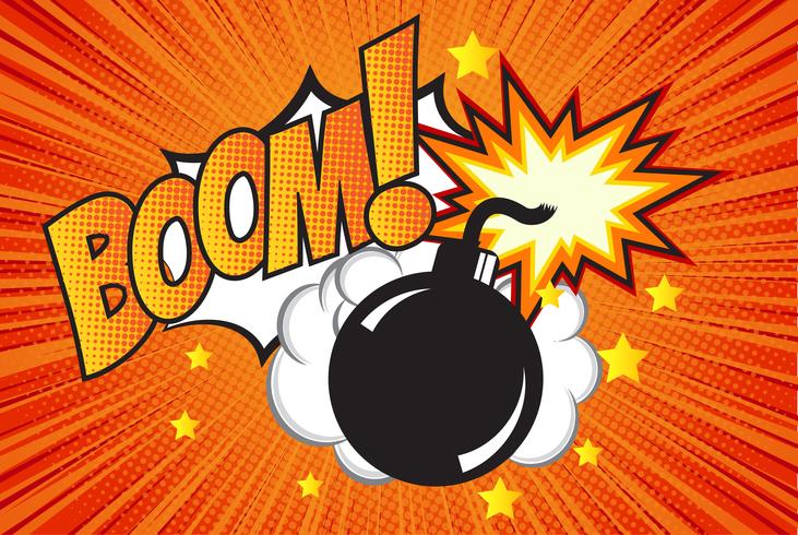 Bomb in pop art style and comic speech bubble with text - BOOM! Cartoon dynamite at background with dots halftone and sunburst. vector