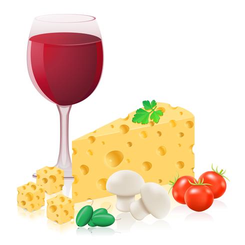 Bodegón con queso y vino ilustración vectorial vector