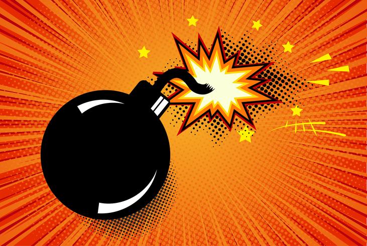 Bomb in pop art style and comic speech bubble. Cartoon dynamite at background with dots halftone and sunburst. vector