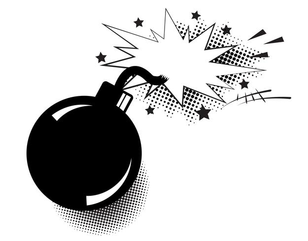 Bomb in pop art style and comic speech bubble. Cartoon dynamite at background with dots halftone and sunburst. vector