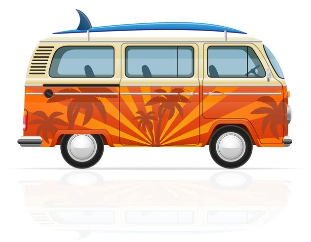 minivan retro con una ilustración de vector de tabla de surf