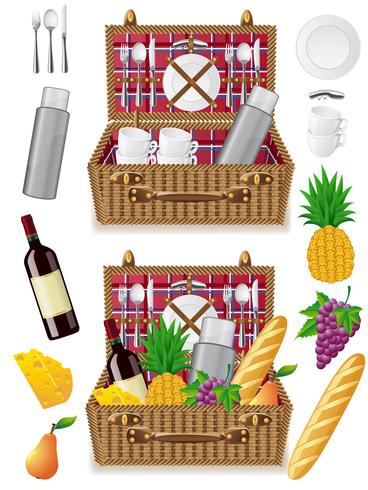 basket for a picnic with tableware and foods vector