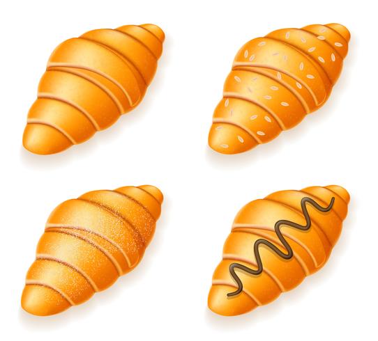 establezca los iconos de croissants crujientes frescos con semillas de sésamo, chocolate y azúcar en polvo, ilustración vectorial vector