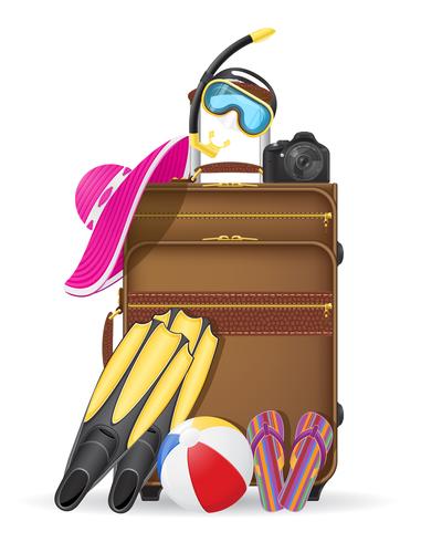 suitcase with beach accessories vector illustration