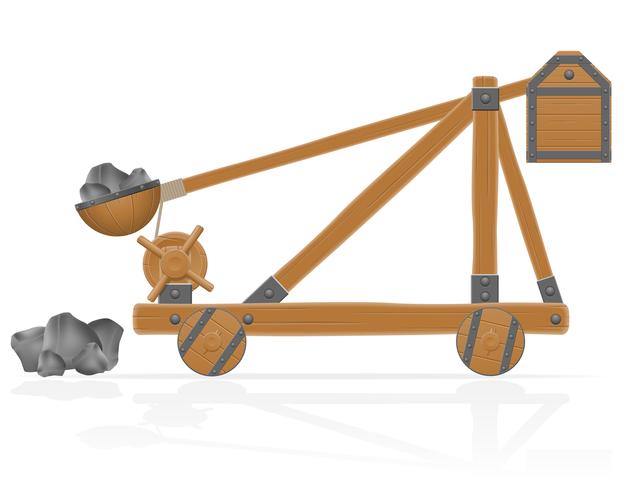 old wooden catapult loaded stones vector illustration