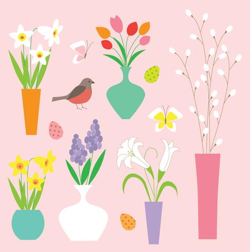 easter flowers birds vases and pussy willow graphics vector