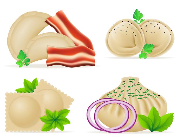 dumplings of dough with a filling and greens set icons vector illustration